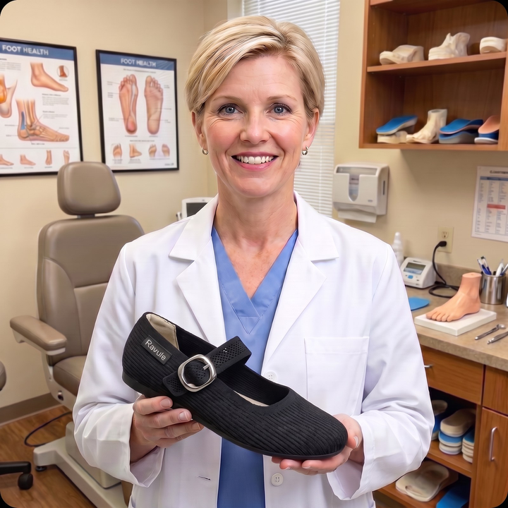 Podiatrist holding a Ravule shoe in a foot-health clinic