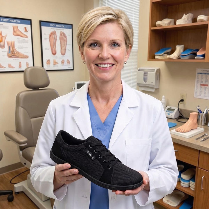 Podiatrist holding a Ravule shoe in a foot-health clinic